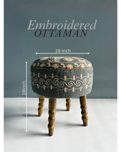 Load image into Gallery viewer, Handcrafted Round Ottoman with Embroidery | Wooden Legs | Artisan Boho Pouffe | Available Online Only