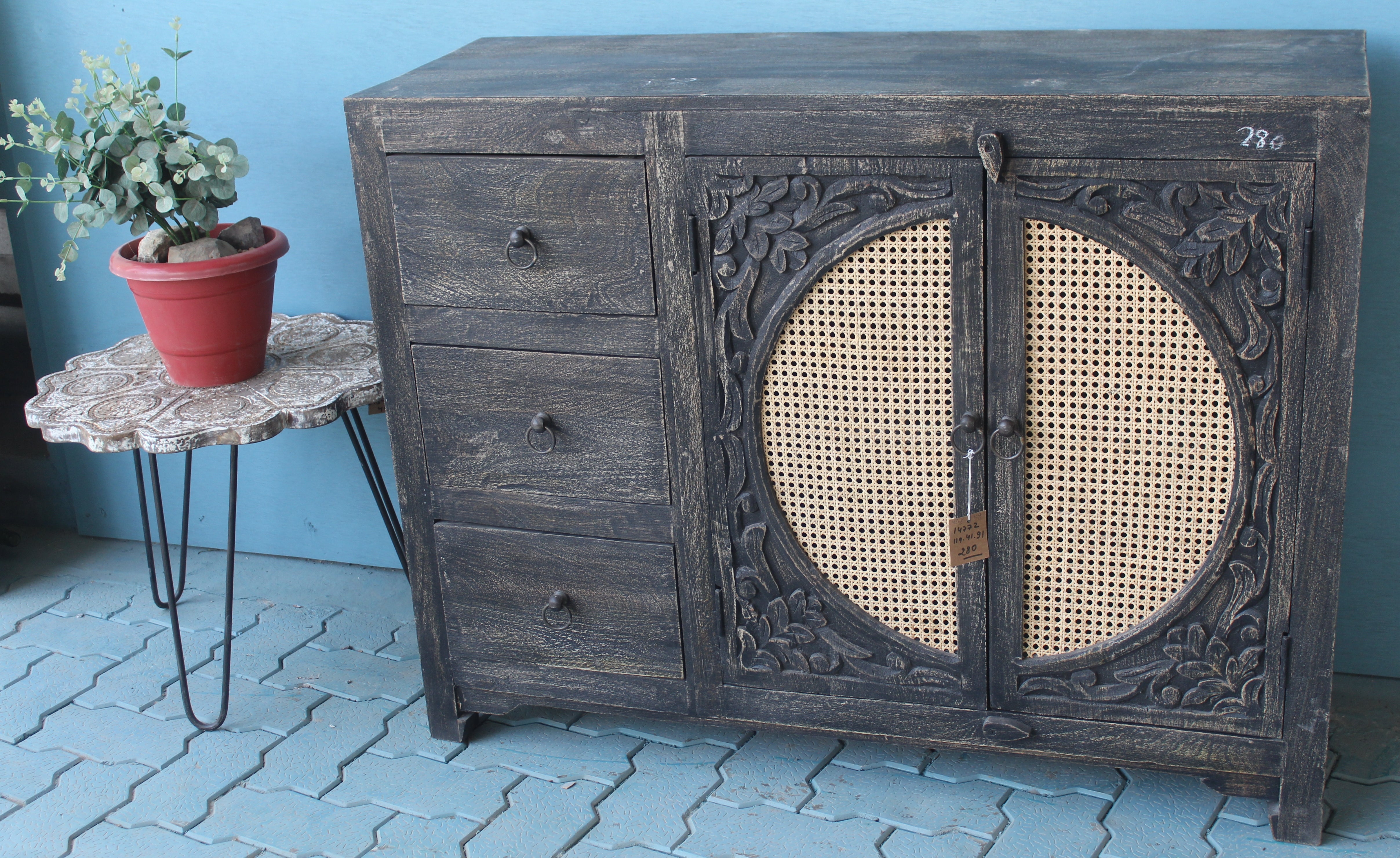 Pre Order Carved Sideboard with Wicker Door