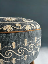 Load image into Gallery viewer, Handcrafted Round Ottoman with Embroidery | Wooden Legs | Artisan Boho Pouffe | Available Online Only