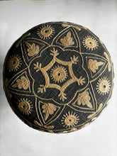 Load image into Gallery viewer, Handcrafted Round Ottoman with Embroidery | Wooden Legs | Artisan Boho Pouffe | Available Online Only