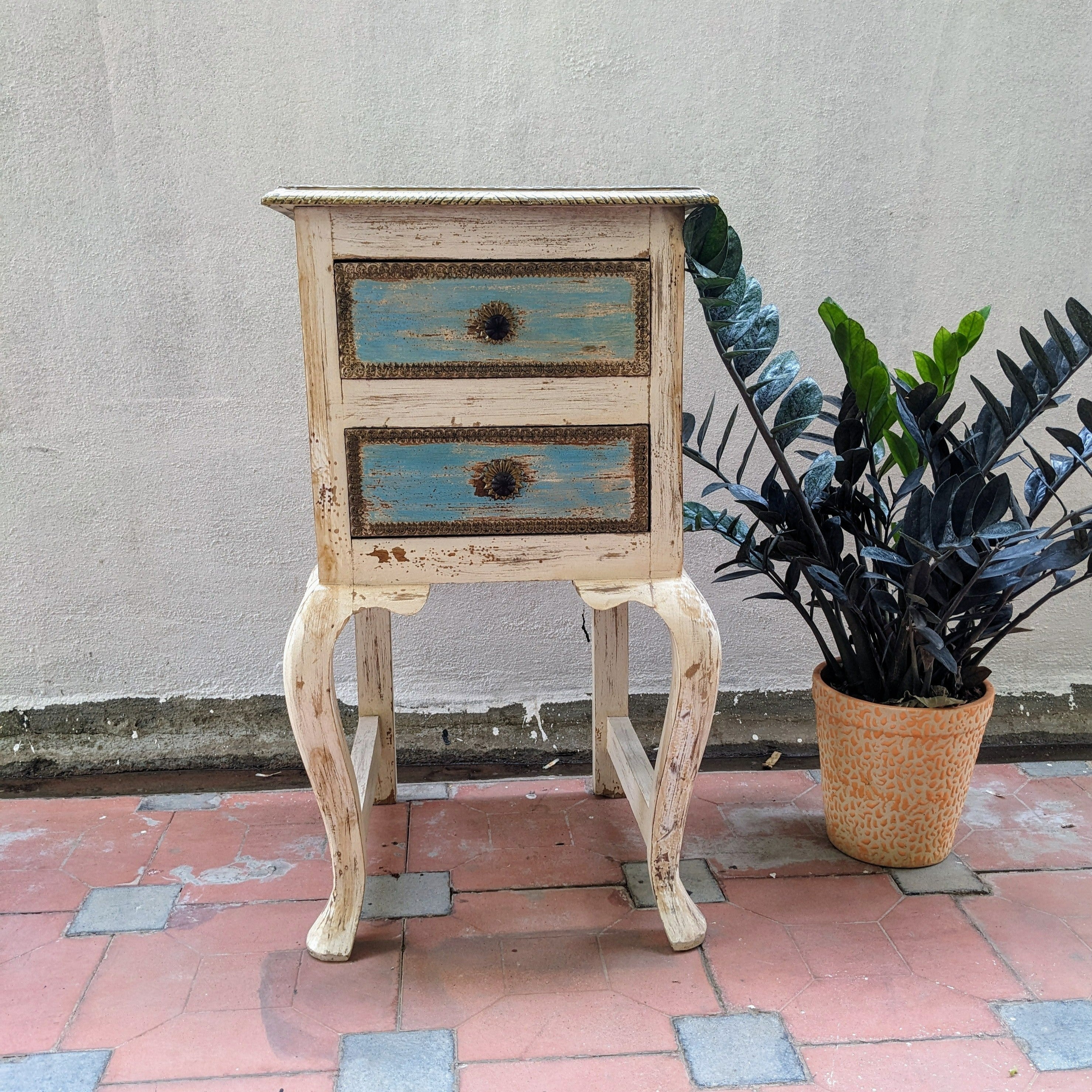 White and Blue Side Table with Brass work