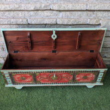 Load image into Gallery viewer, Turquoise Blue and Red Trunk with brass details
