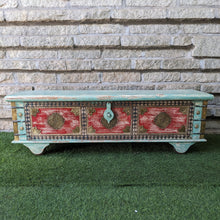 Load image into Gallery viewer, Turquoise Blue and Red Trunk with brass details