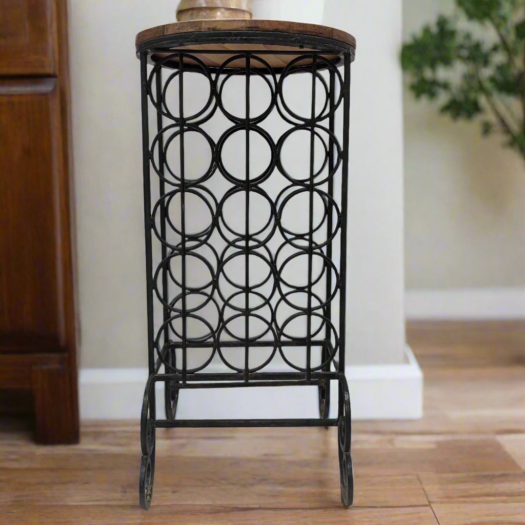 Round End Table with Wrought Iron Bottle Stand