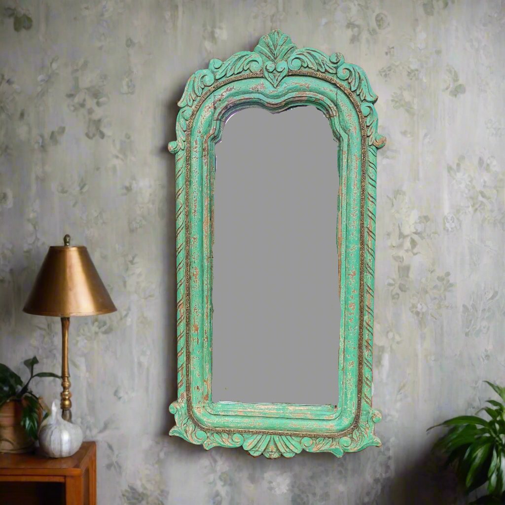 Carved Wooden Frame Mirror with Brass details