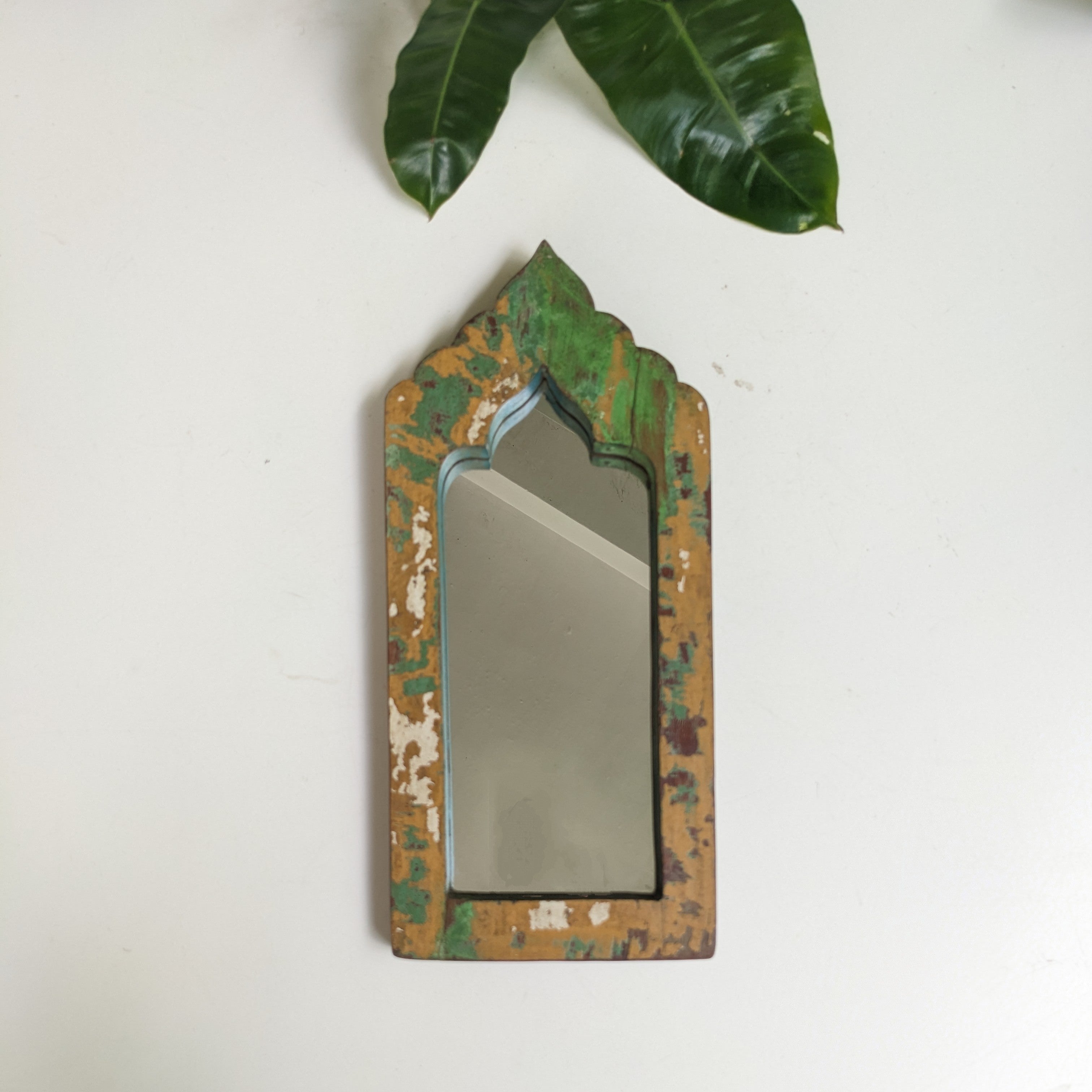 Distressed Chrome Yellow-Green Jharokha Mirror