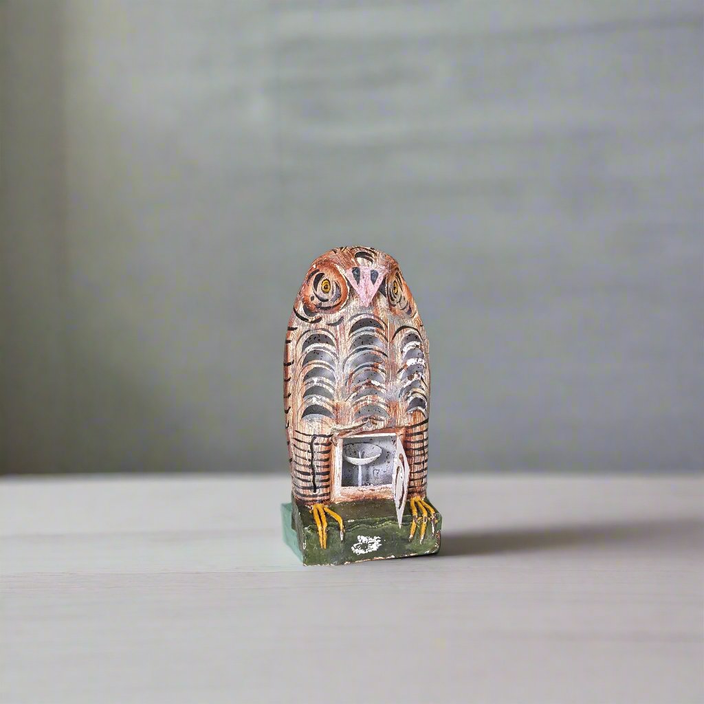 Distressed Brown Owl in Metal Tea Light holder