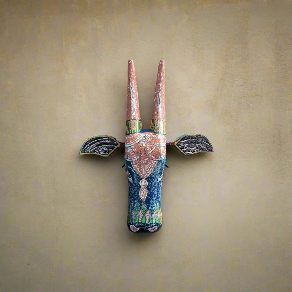 Vintage Hand Painted Cow Head (Navy Blue with Maroon ears and Orange horns)