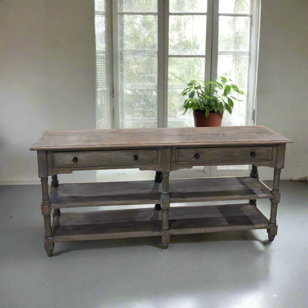 Distressed Grey Console Table with two drawers and shelves
