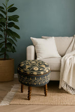Load image into Gallery viewer, Handcrafted Round Ottoman with Embroidery | Wooden Legs | Artisan Boho Pouffe | Available Online Only