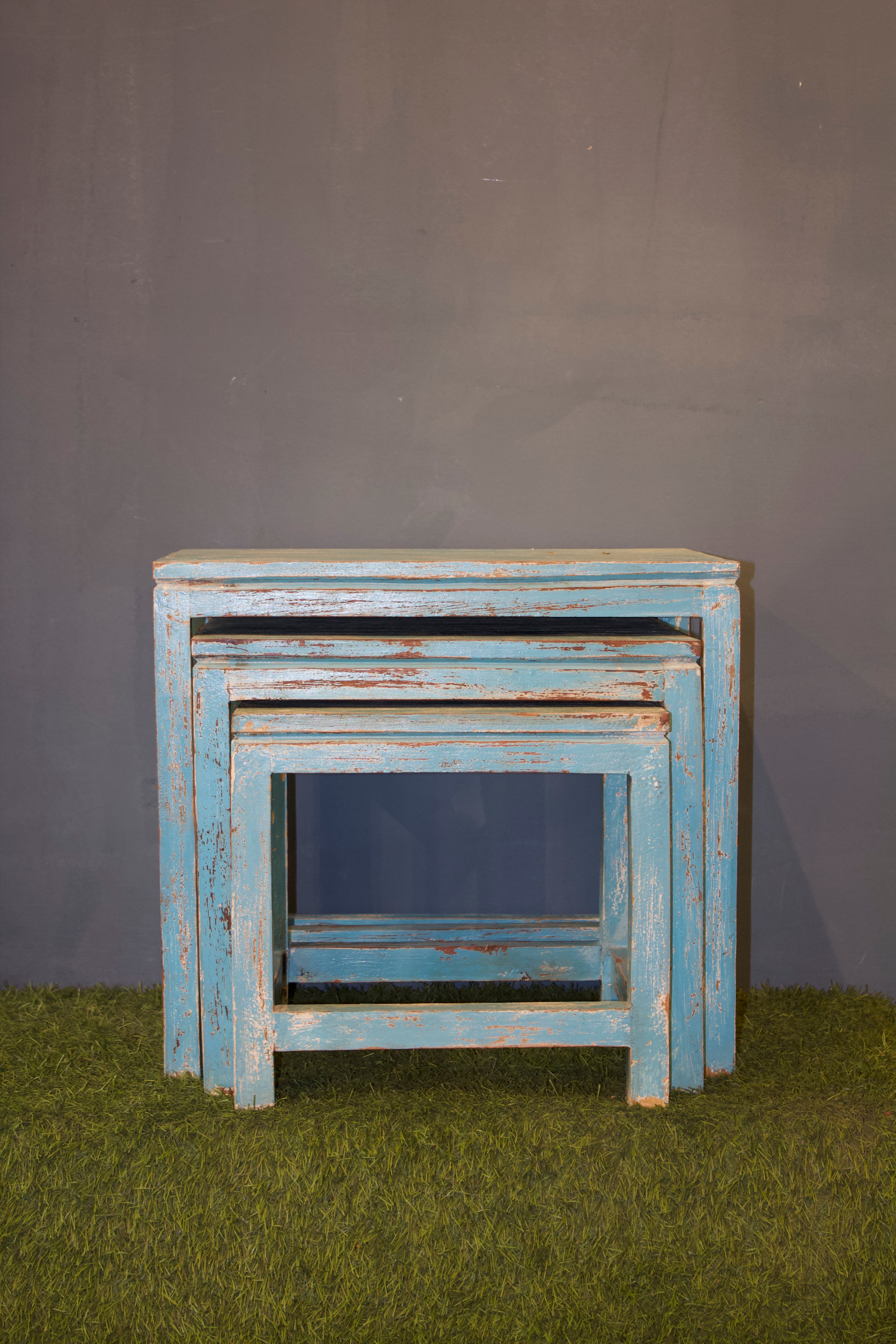 Blue Distressed Finish Nesting Tables - Set of 3