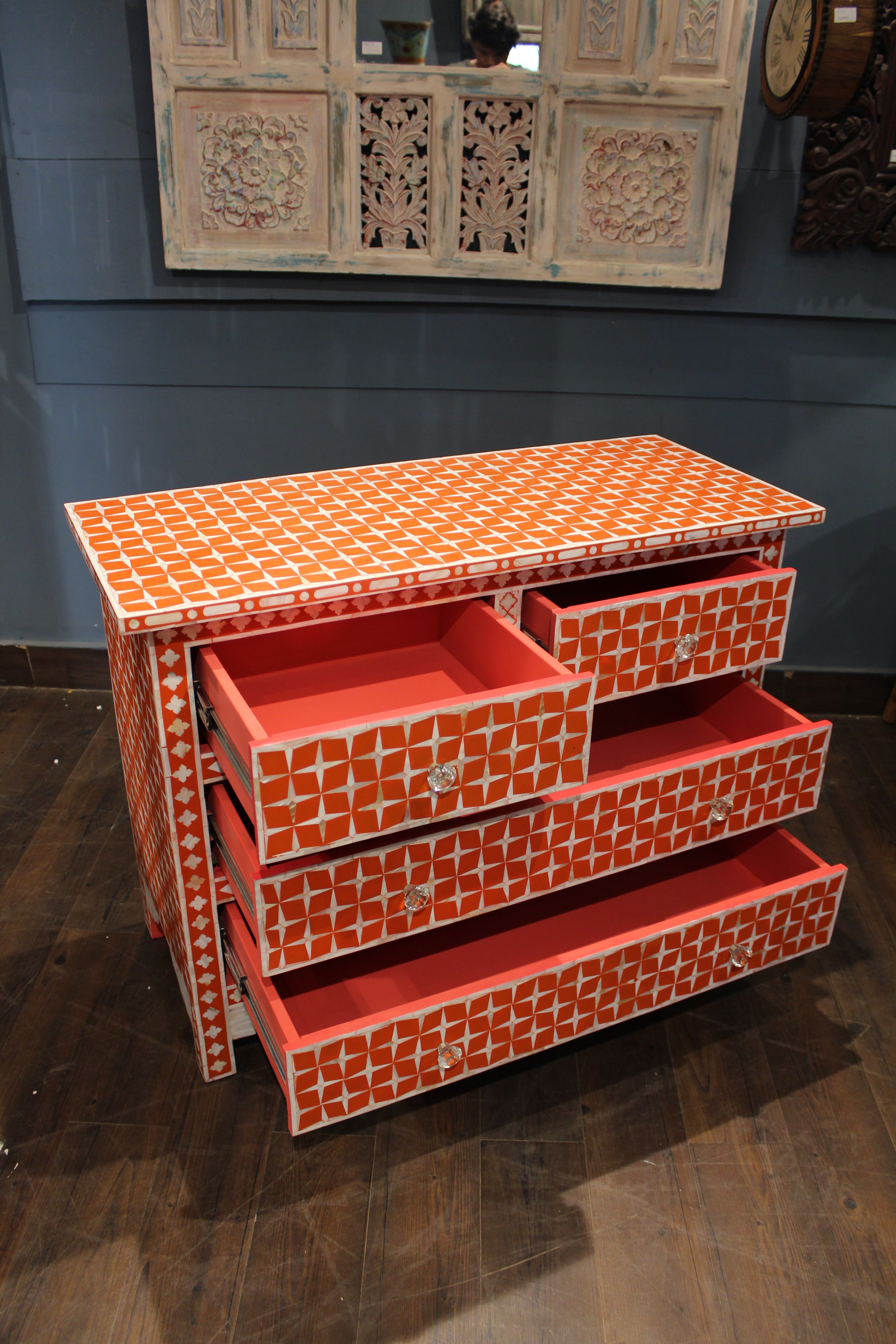 Deep Orange Mother of Pearl Inlay Chest Of Drawers