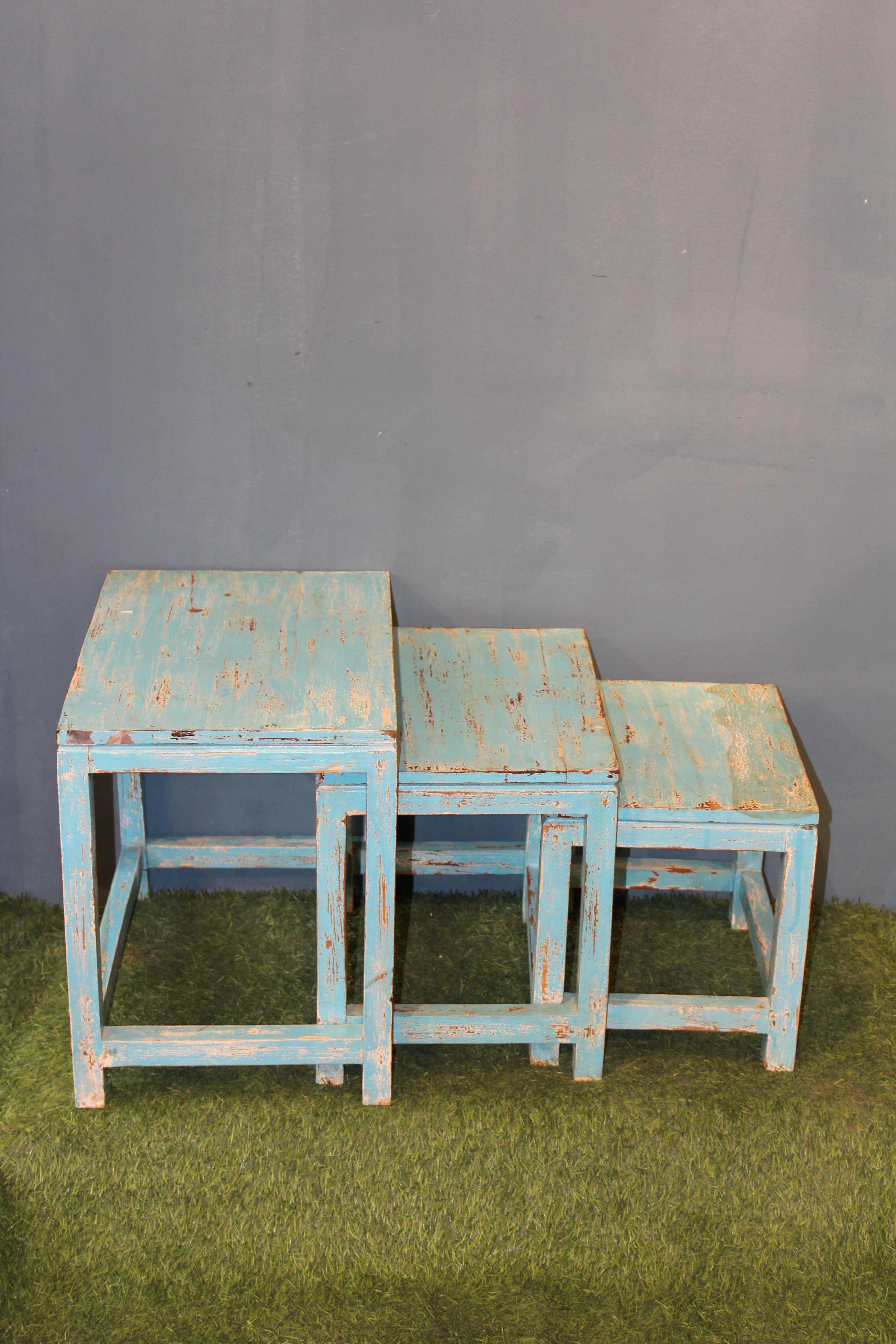 Blue Distressed Finish Nesting Tables - Set of 3