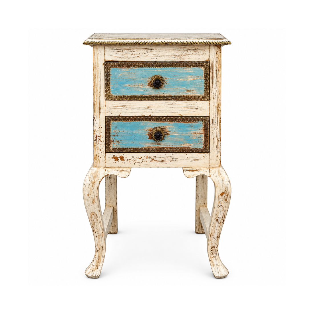 Vintage Distressed Wooden Bedside Cabinet with Blue Drawer PanelsVintage Distressed Wooden Bedside Cabinet with Blue Drawer Panels