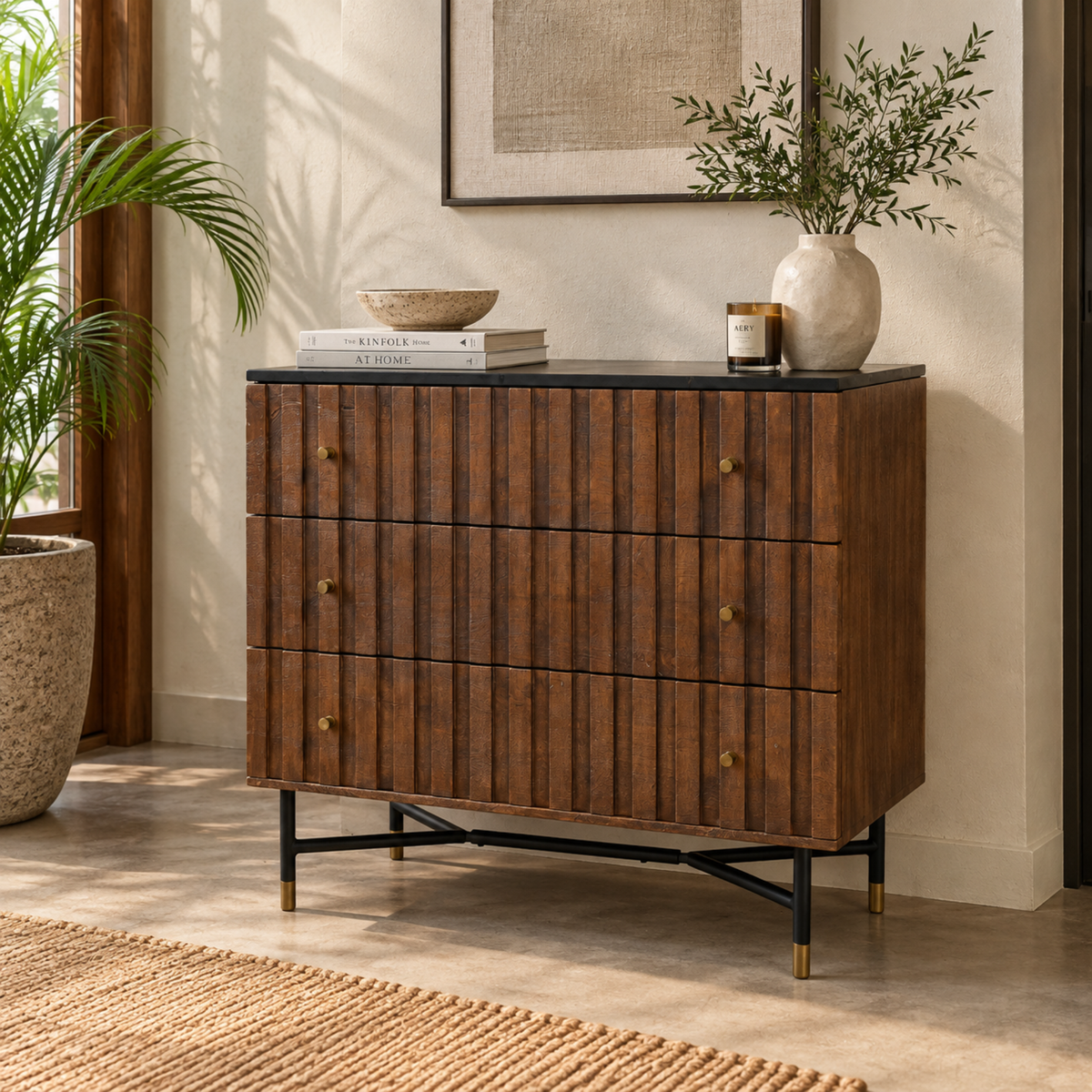 Fluted Noir Granite Drawer Chest