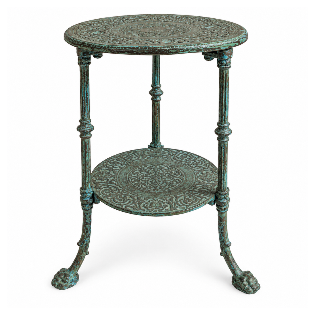Vintage Green Metal Round Side Table with Ornate Carved Shelves