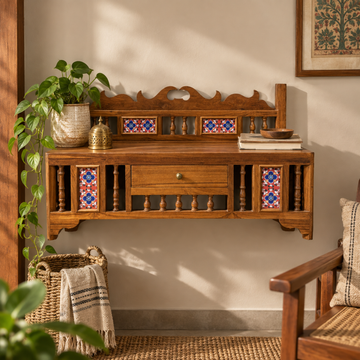 Heritage Wood & Tile Wall Puja Storage Cabinet