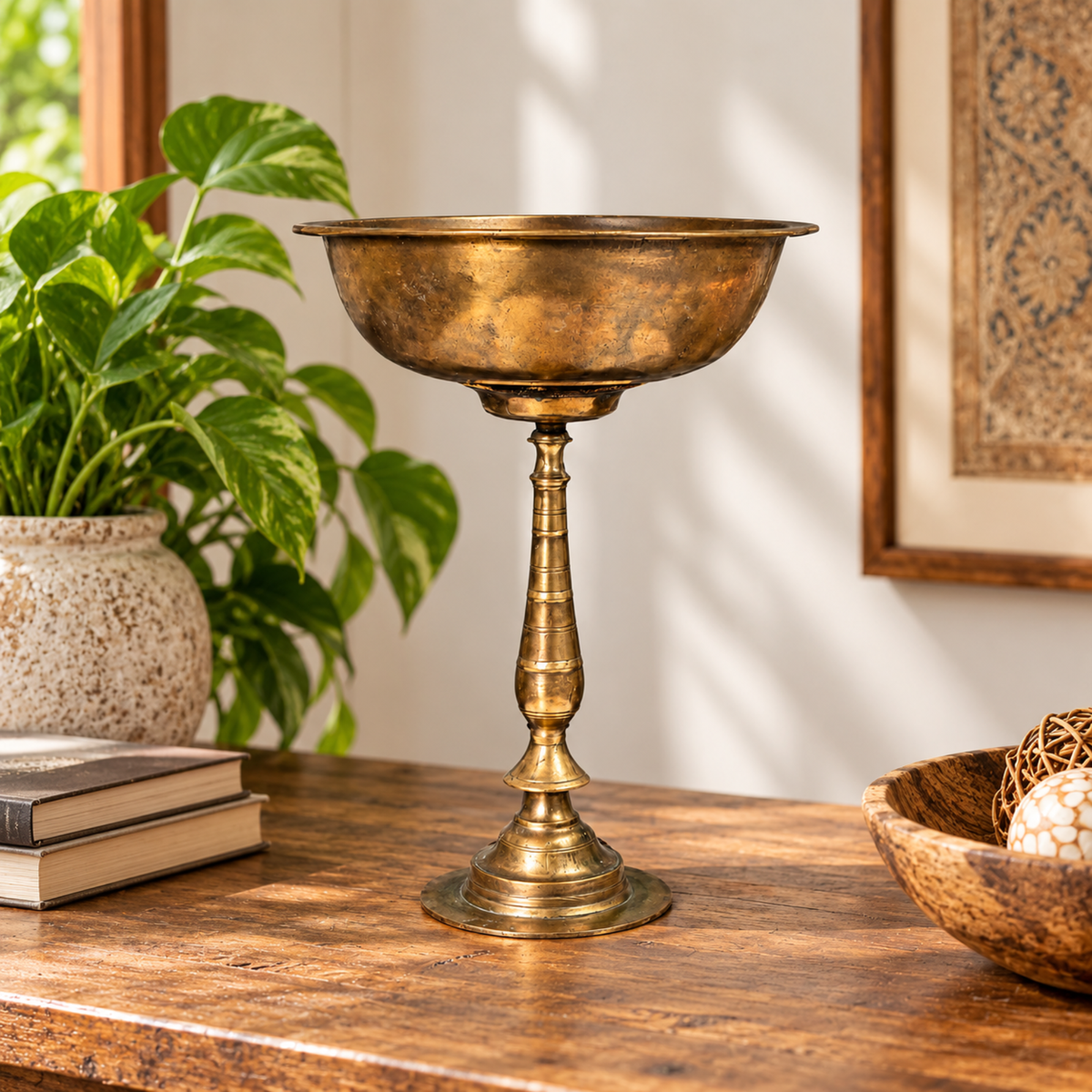 Antique Brass Bowl with Decorative Stand