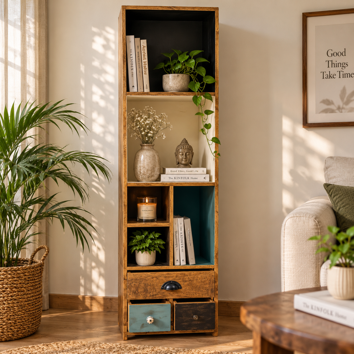 Alderwood Open Shelf Drawer Cabinet