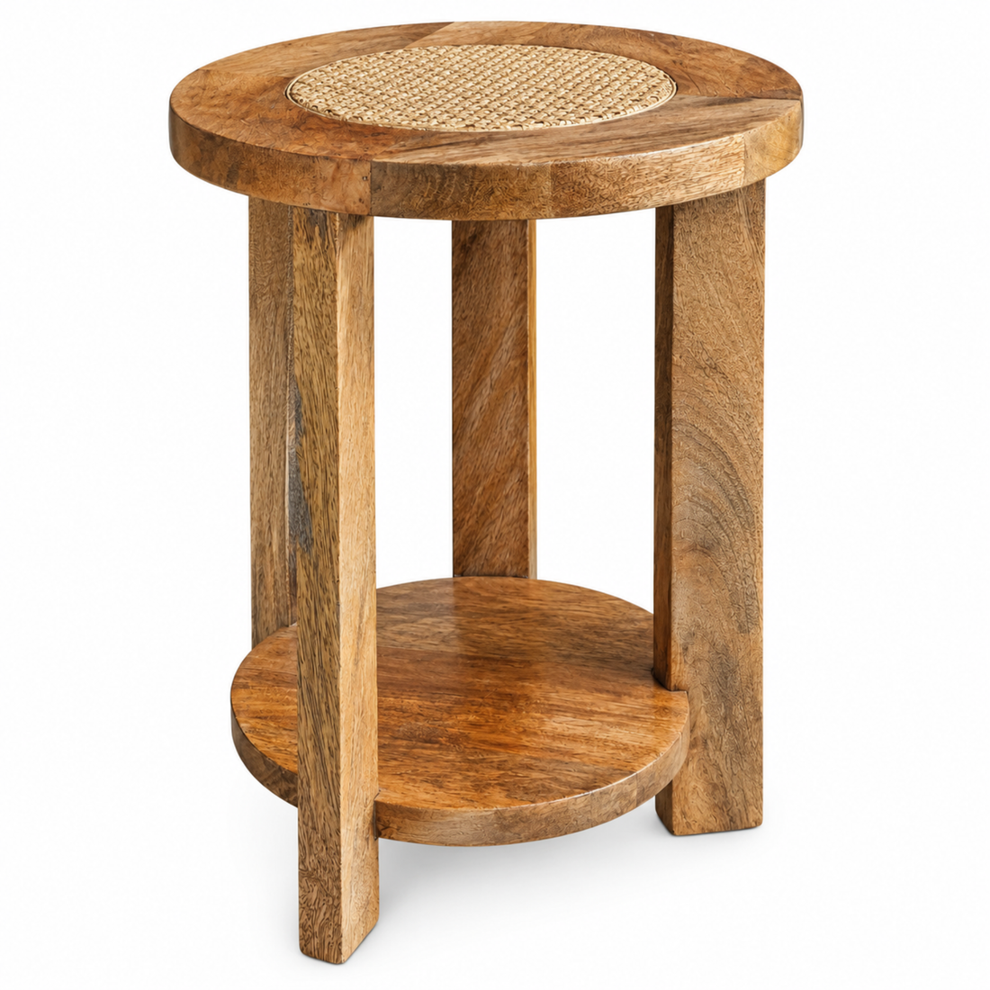 Rustic Round Wooden Side Table with Woven Inlay Top & Lower Shelf