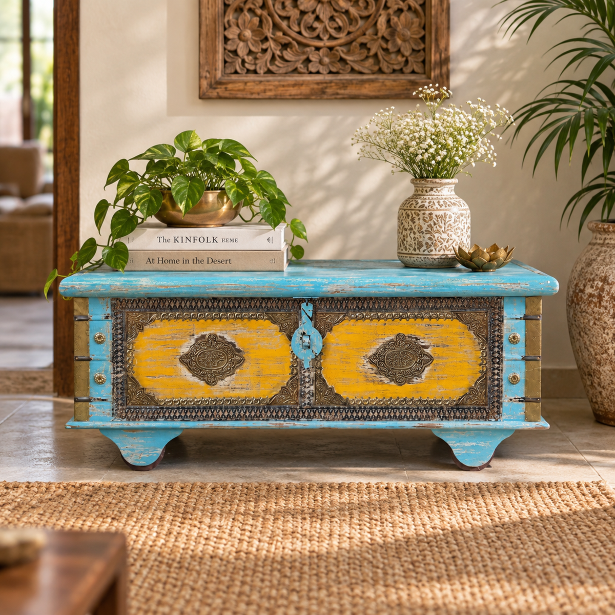 Heritage Blue & Yellow Brass Detail Wooden Trunk