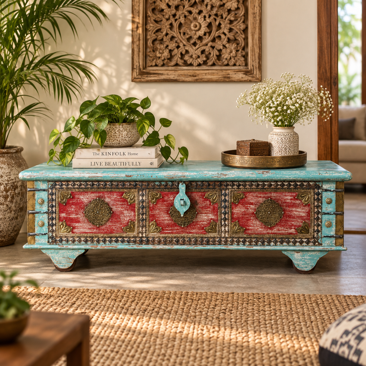 Majestic Turquoise Red Brass Detail Wooden Trunk