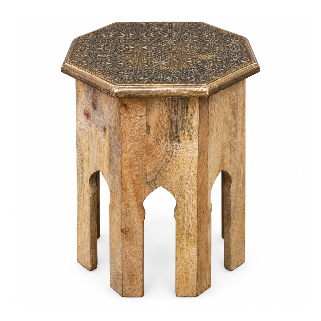 Rustic Carved Wooden Accent Stool with Ornate Metal Top