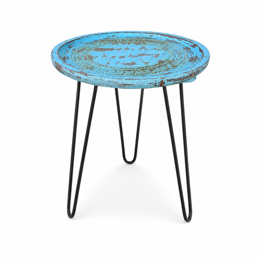 Vintage Distressed Blue Round Side Table with Metal Hairpin Legs
