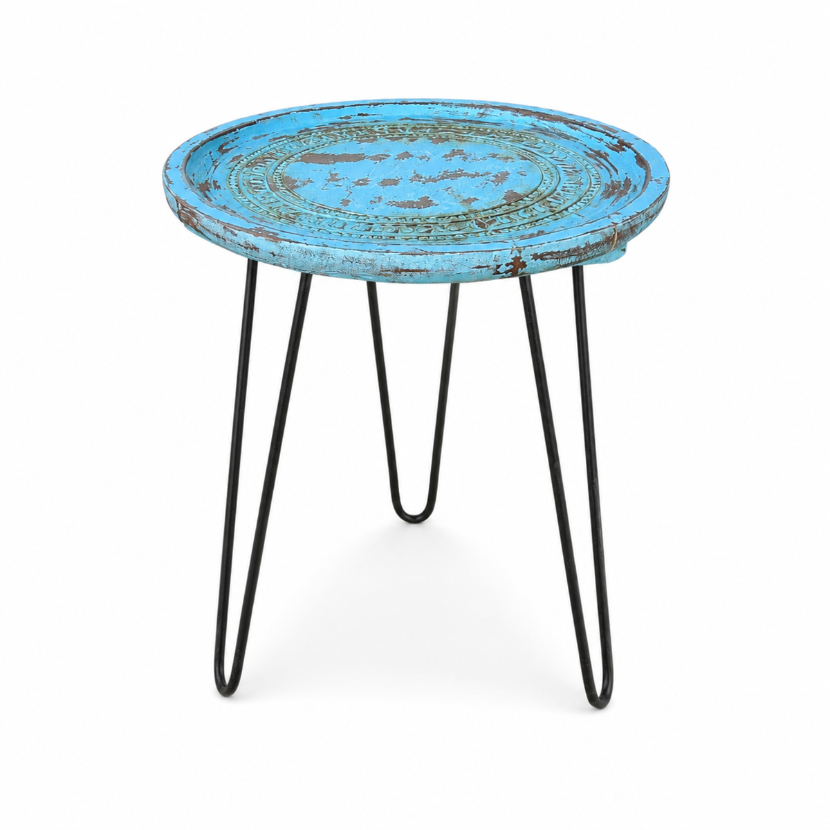 Vintage Distressed Blue Round Side Table with Metal Hairpin Legs