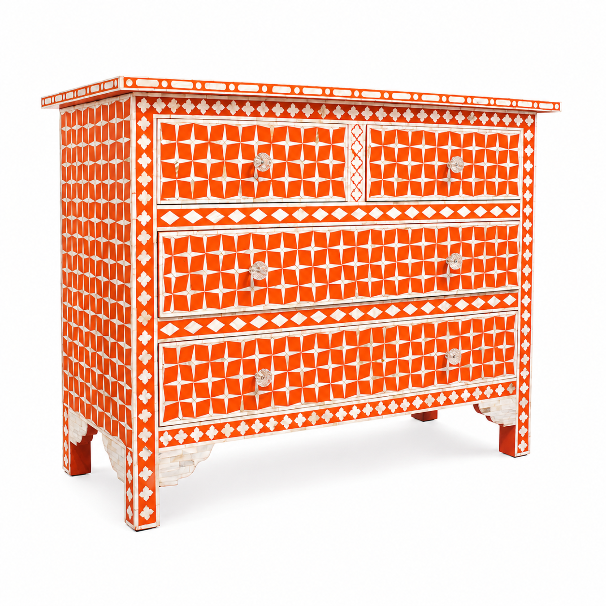 Handcrafted Orange Bone Inlay Chest of Drawers