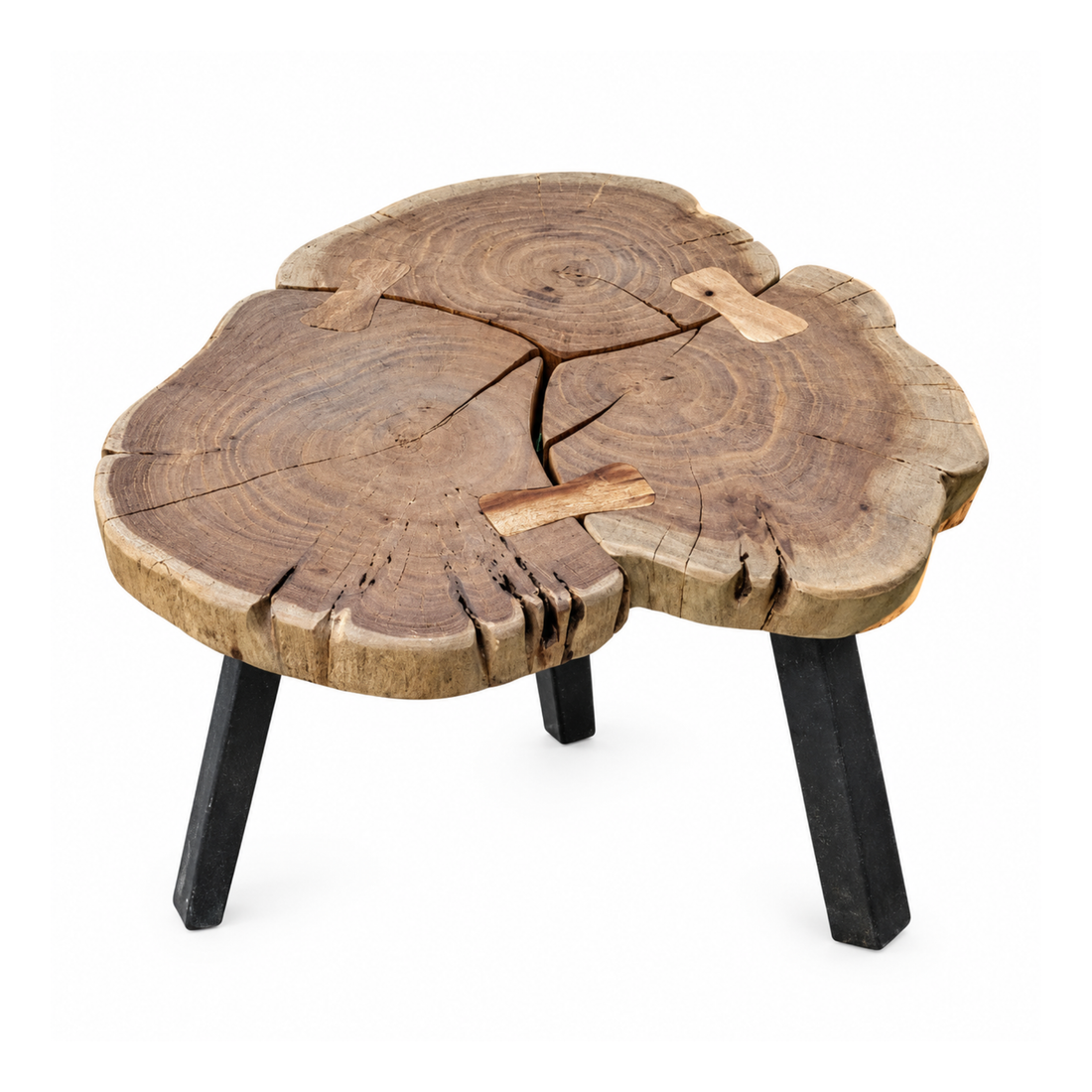 Rustic Natural Wood Slice Coffee Table with Black Metal Legs