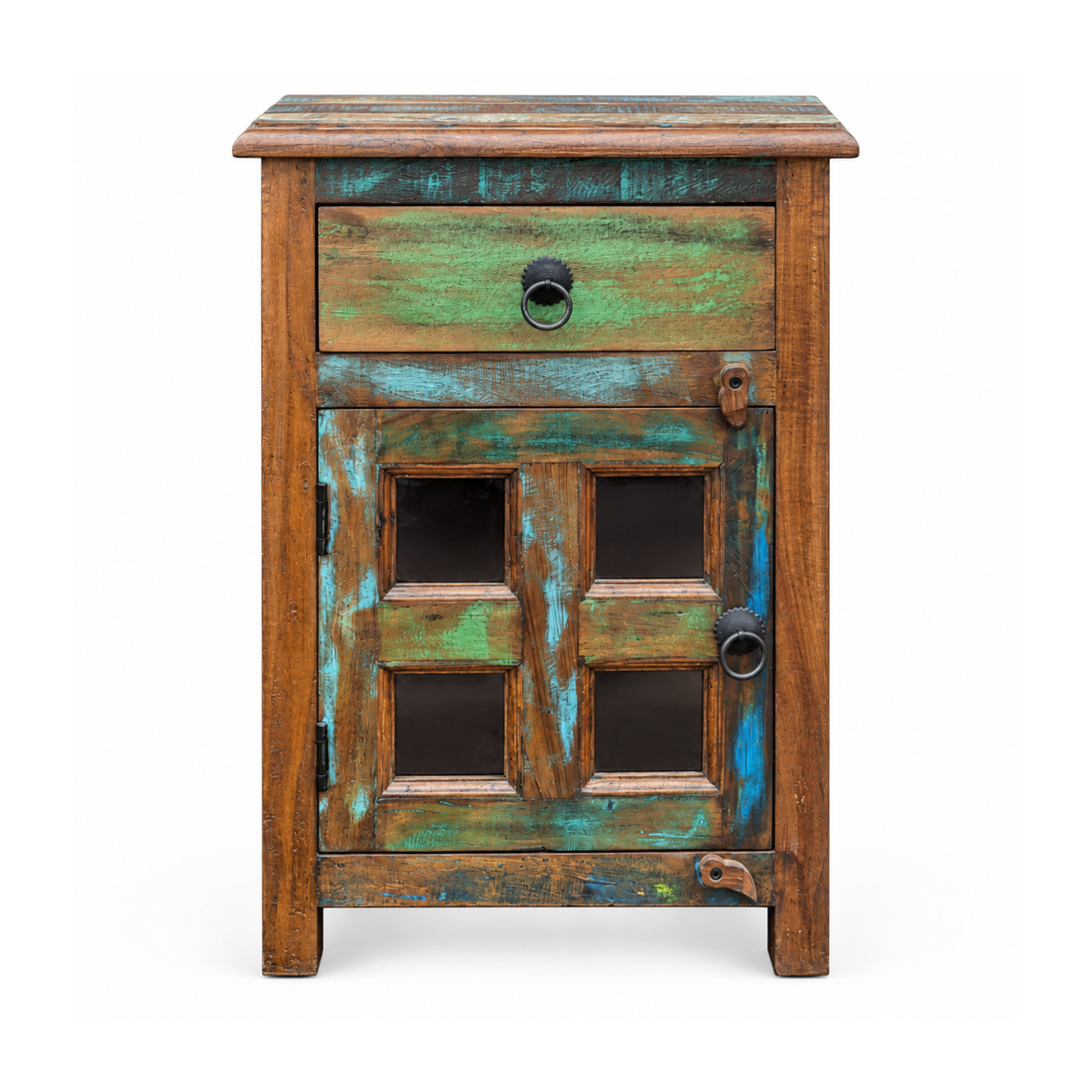 Rustic Multicolor Wooden Bedside Cabinet with Glass Door
