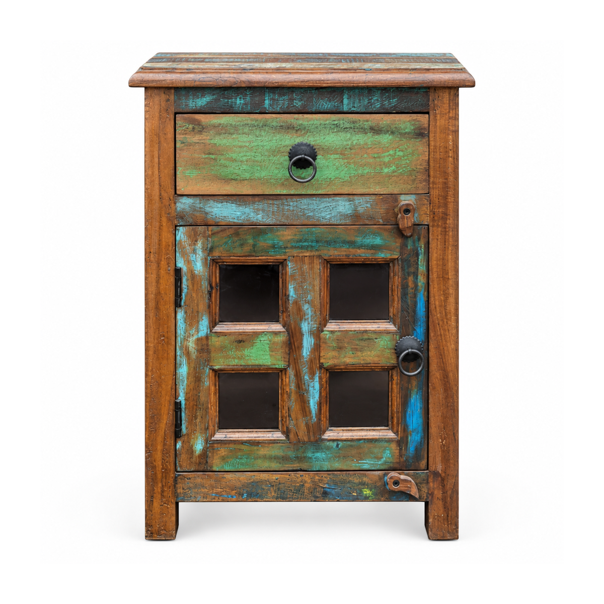Rustic Multicolor Wooden Bedside Cabinet with Glass Door