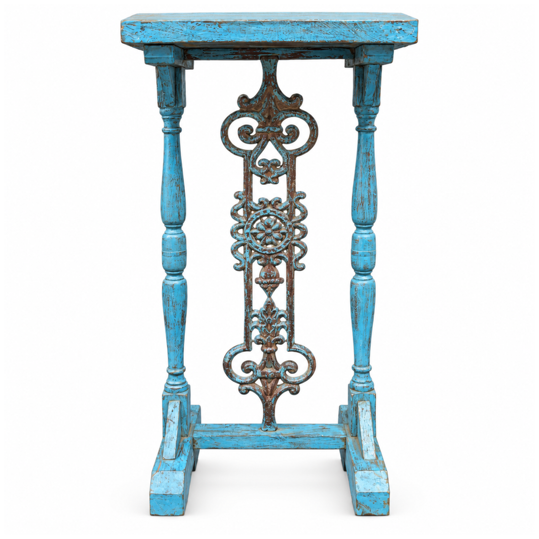 Vintage Blue Carved Console Table with Ornate Metal Accent