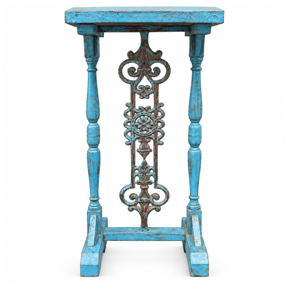 Vintage Blue Carved Console Table with Ornate Metal Accent