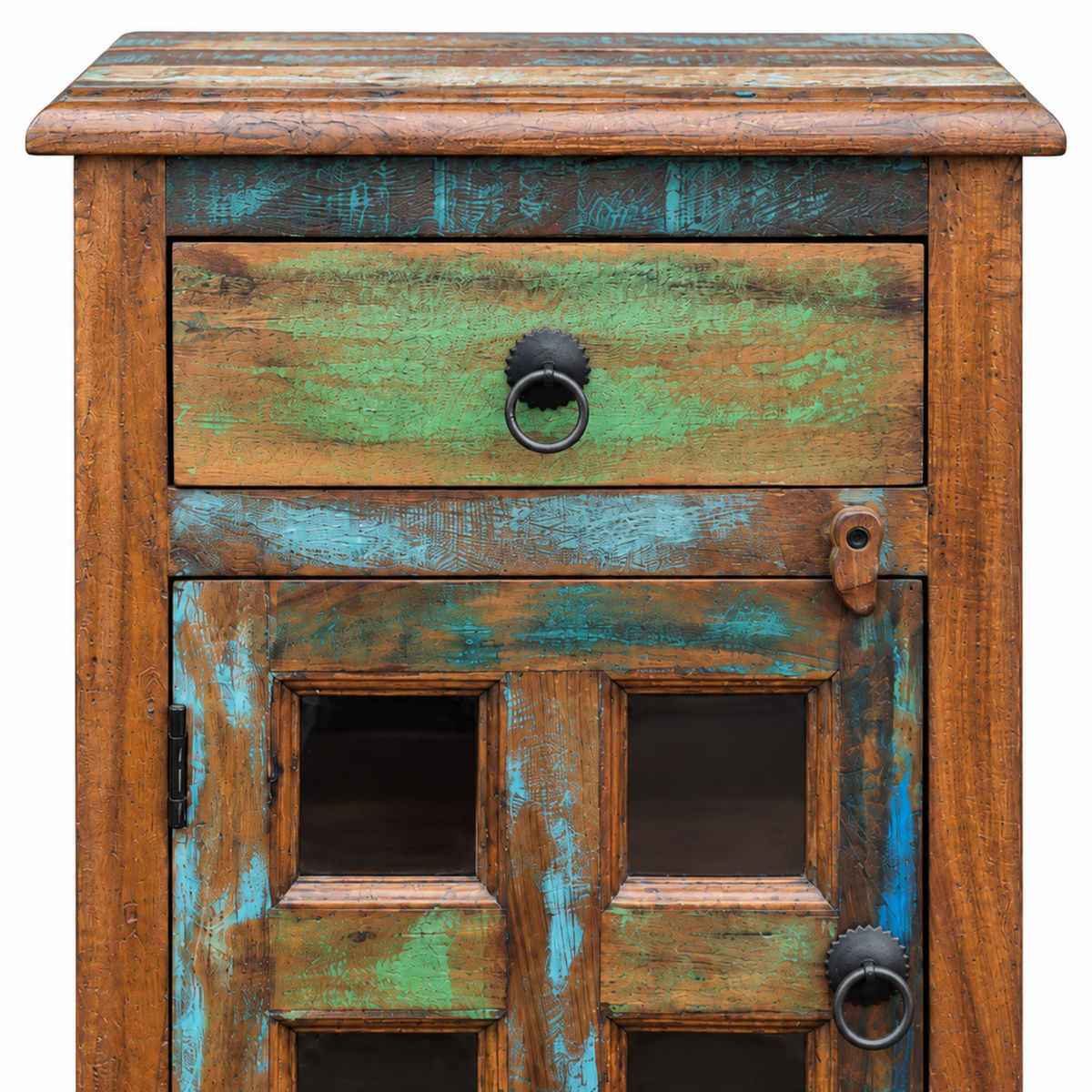Rustic Multicolor Wooden Bedside Cabinet with Glass Door