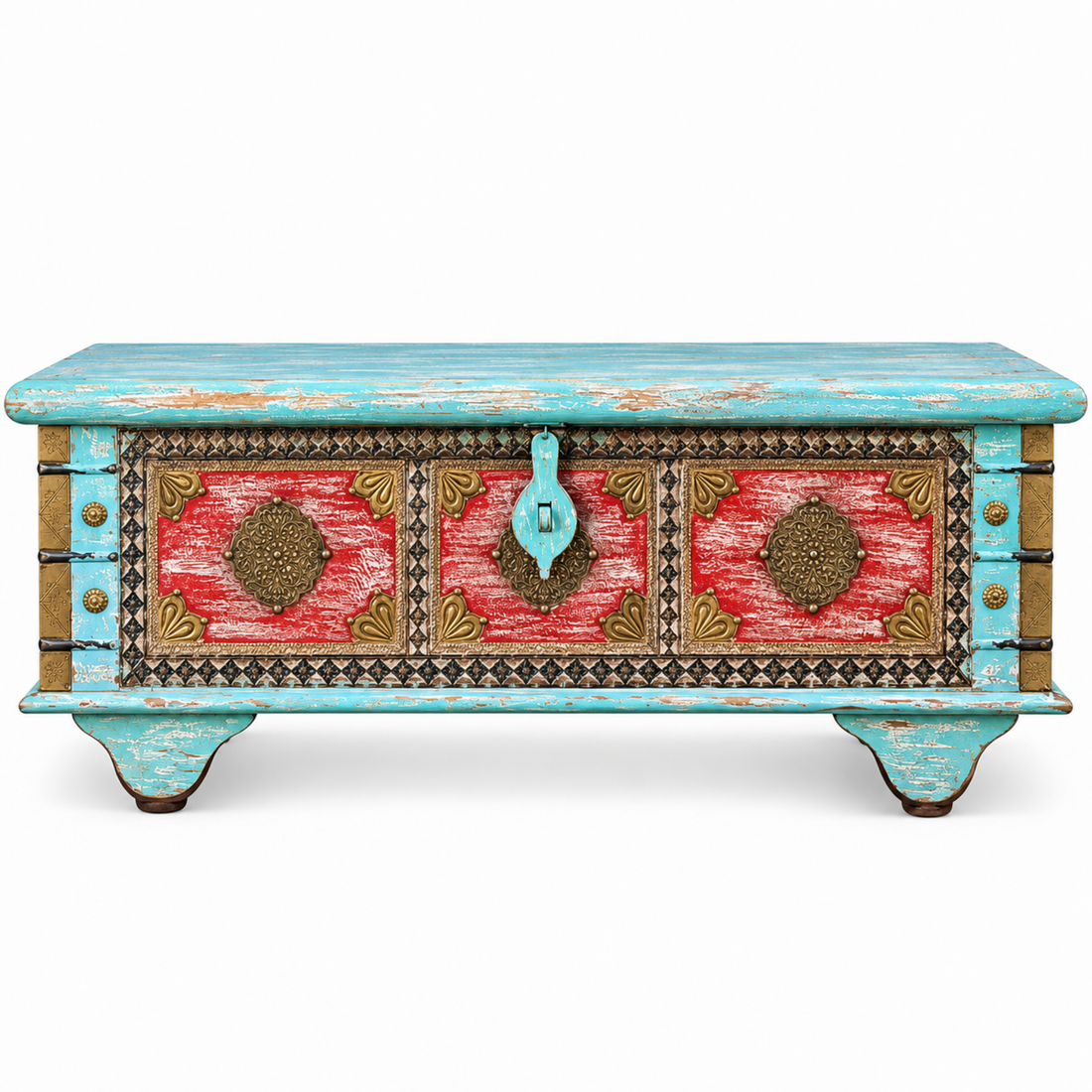 Majestic Turquoise Red Brass Detail Wooden Trunk