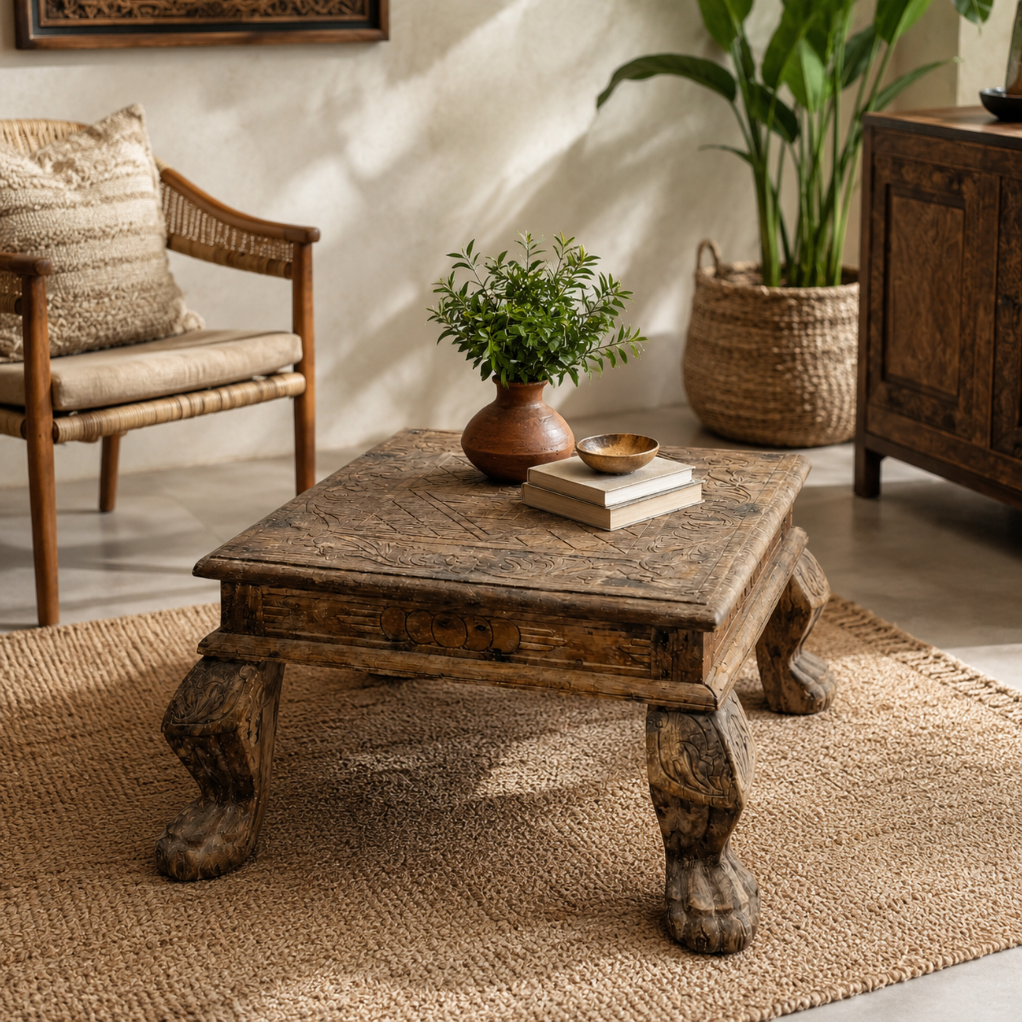 Vintage Hand Carved Wooden Bajot Table