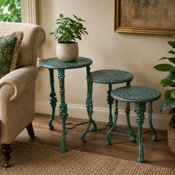 Vintage Embossed Metal Nesting Side Tables – Set of 3