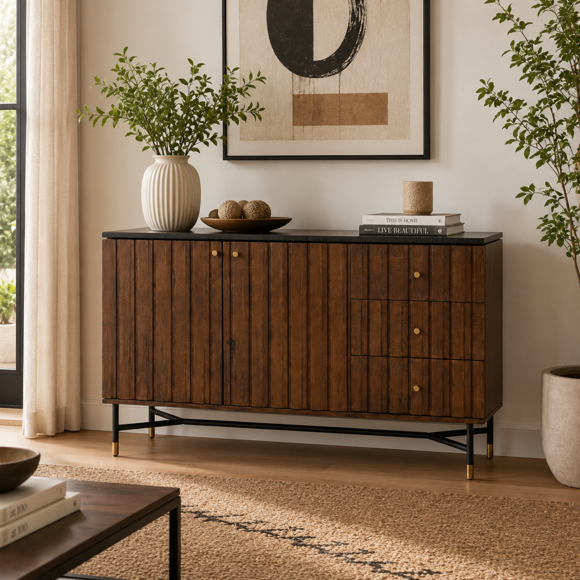 Modern Solid Wood Sideboard Cabinet with Drawers & Storage