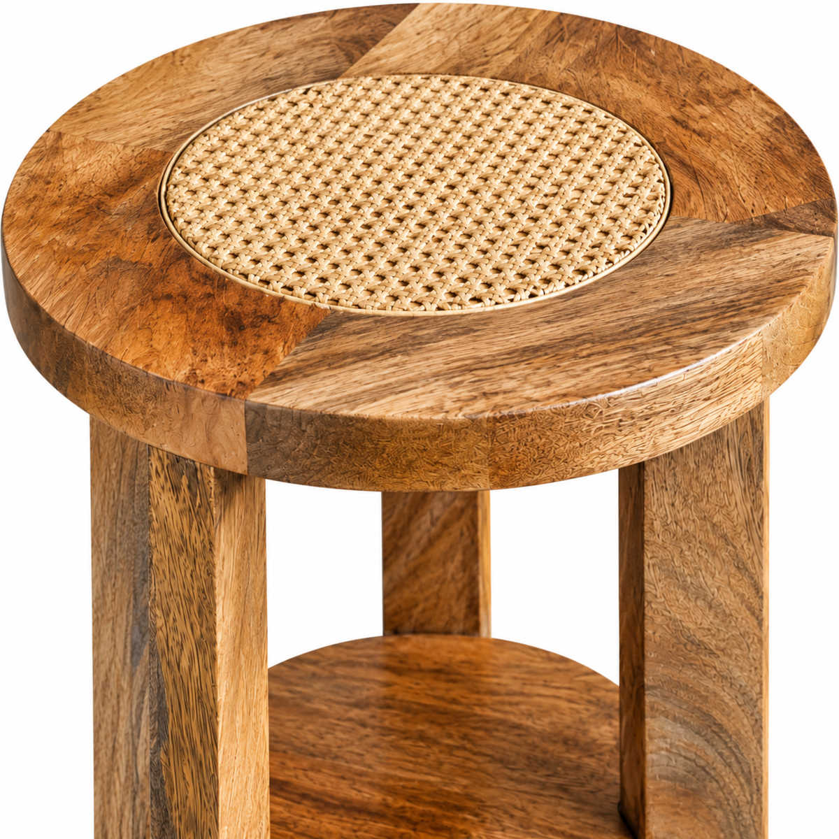 Rustic Round Wooden Side Table with Woven Inlay Top & Lower Shelf