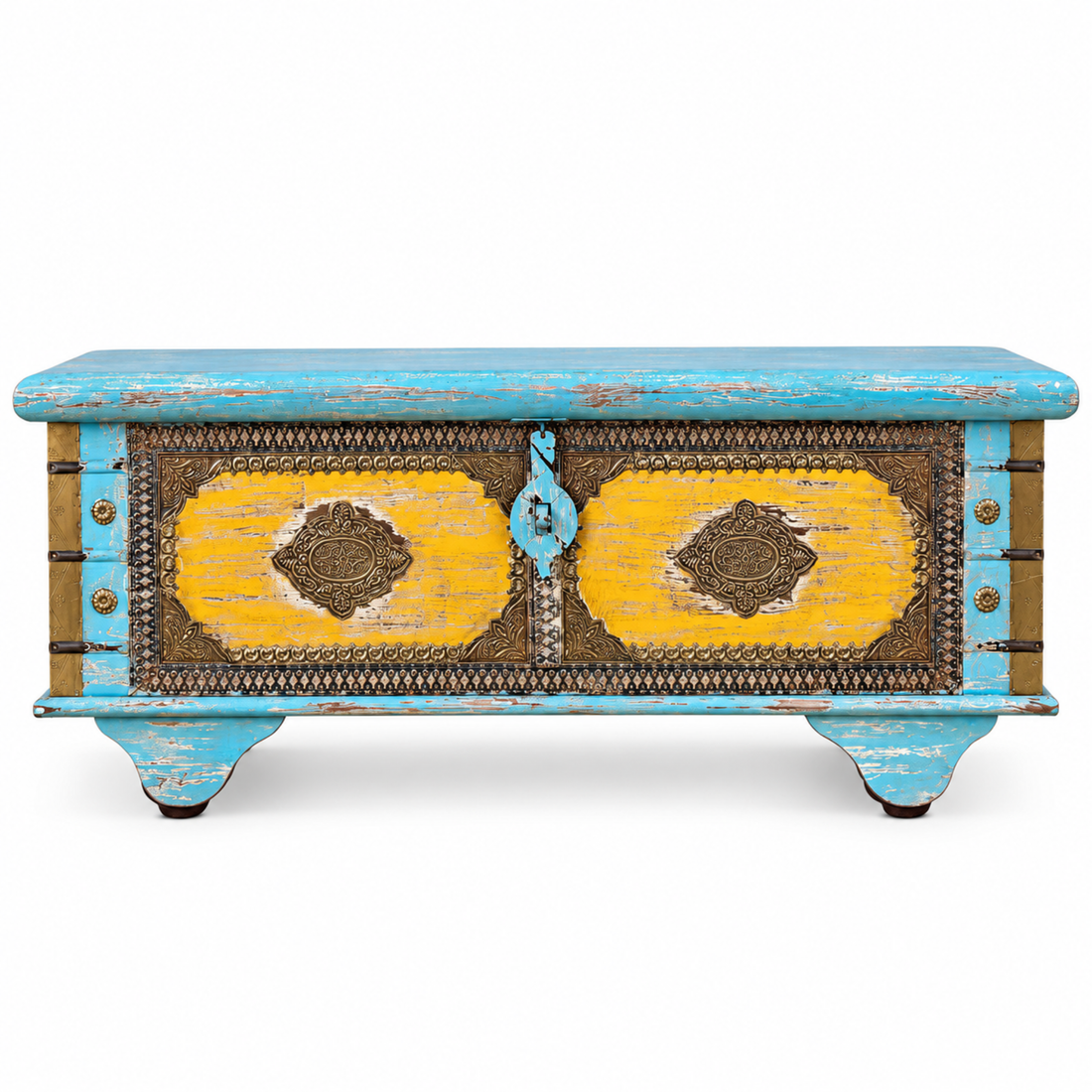 Heritage Blue & Yellow Brass Detail Wooden Trunk