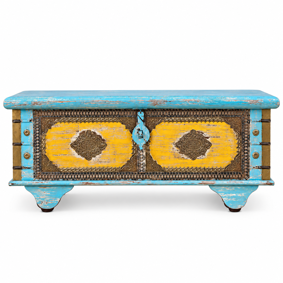Heritage Blue & Yellow Brass Detail Wooden Trunk