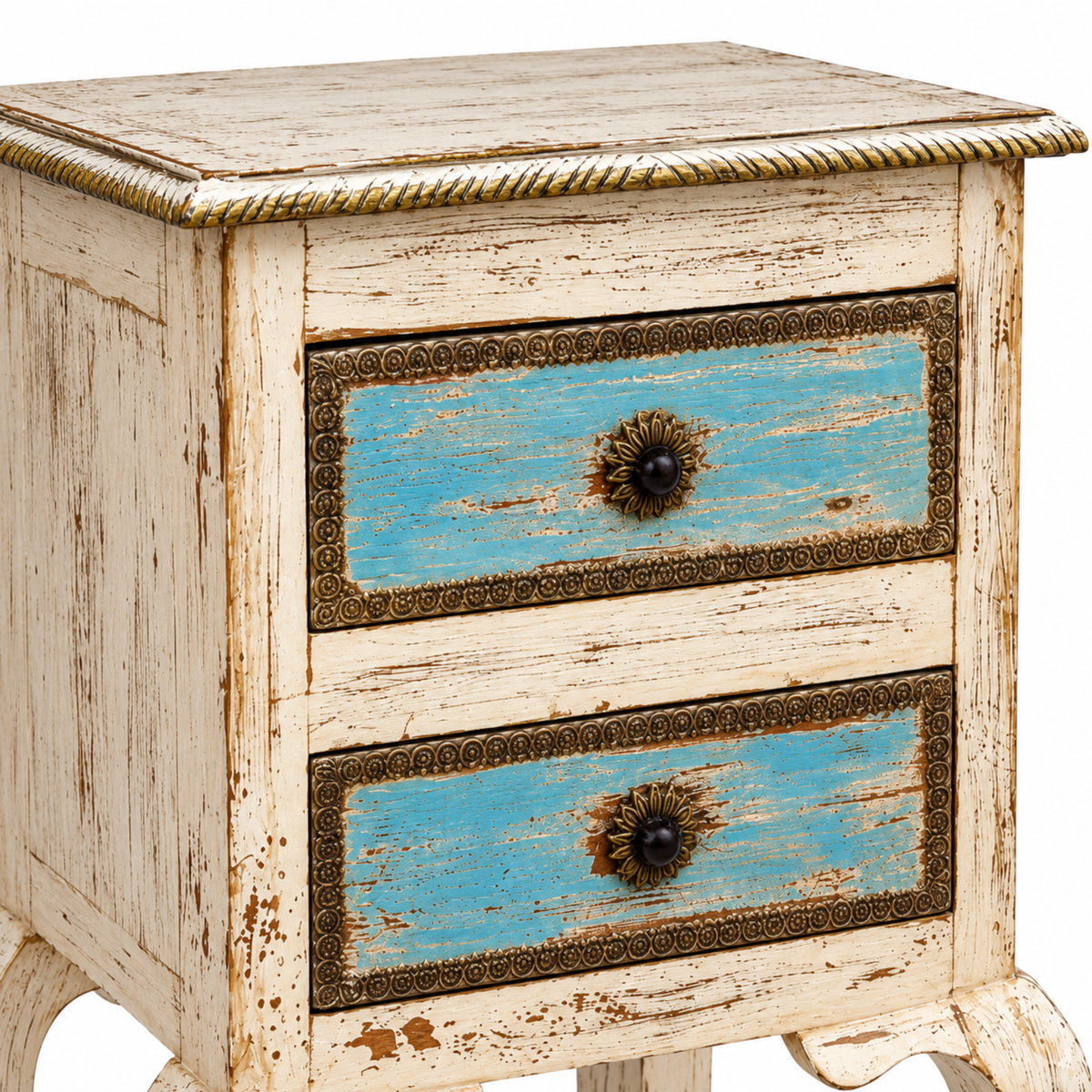 Vintage Distressed Wooden Bedside Cabinet with Blue Drawer PanelsVintage Distressed Wooden Bedside Cabinet with Blue Drawer Panels
