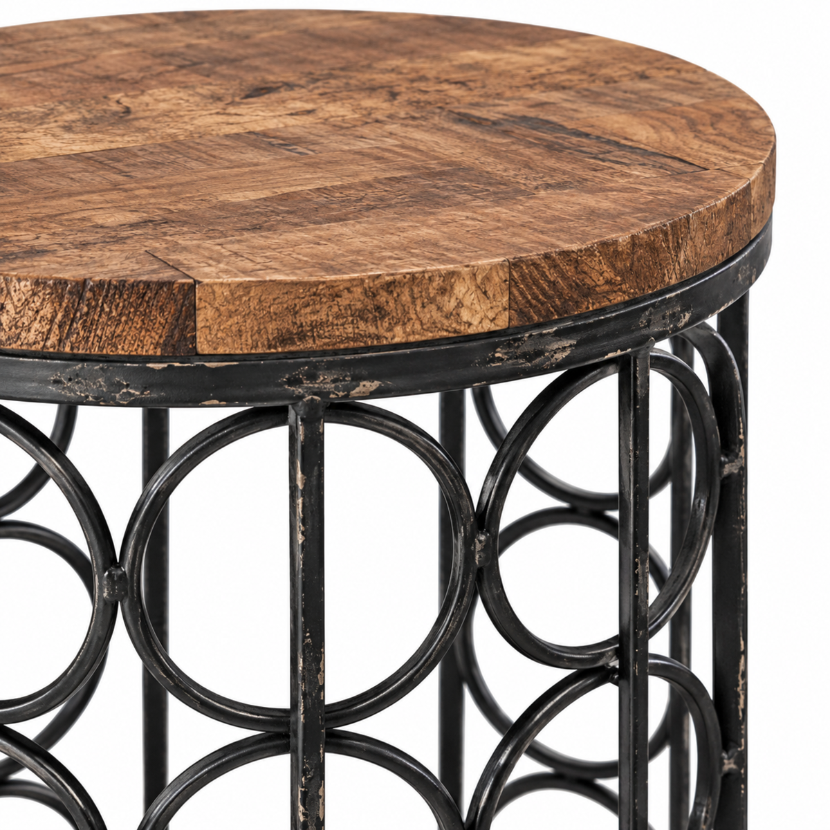 Industrial Round Wood Top Accent Table with Metal Ring Frame
