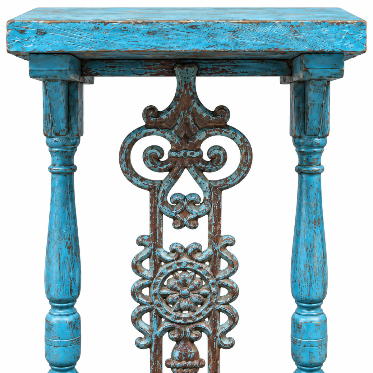 Vintage Blue Carved Console Table with Ornate Metal Accent