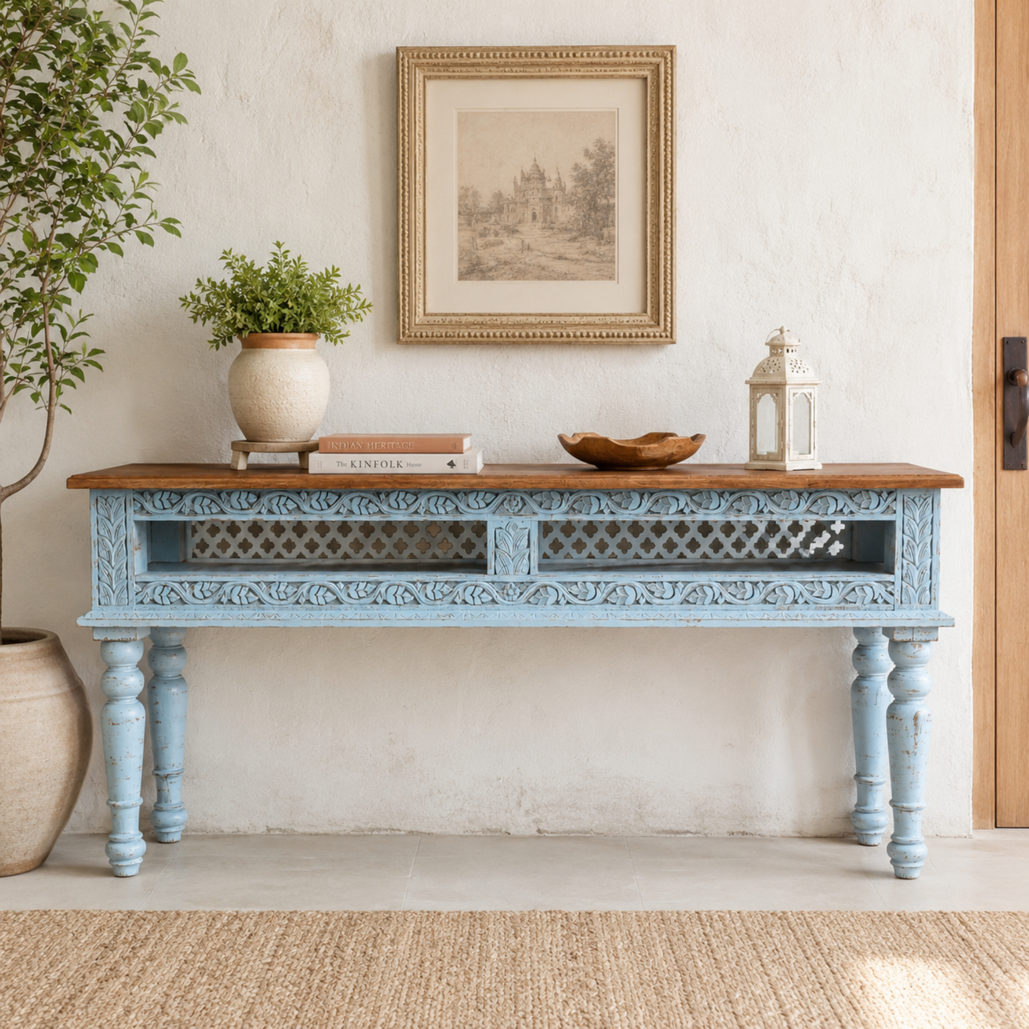 Azure Haven Carved Console Table
