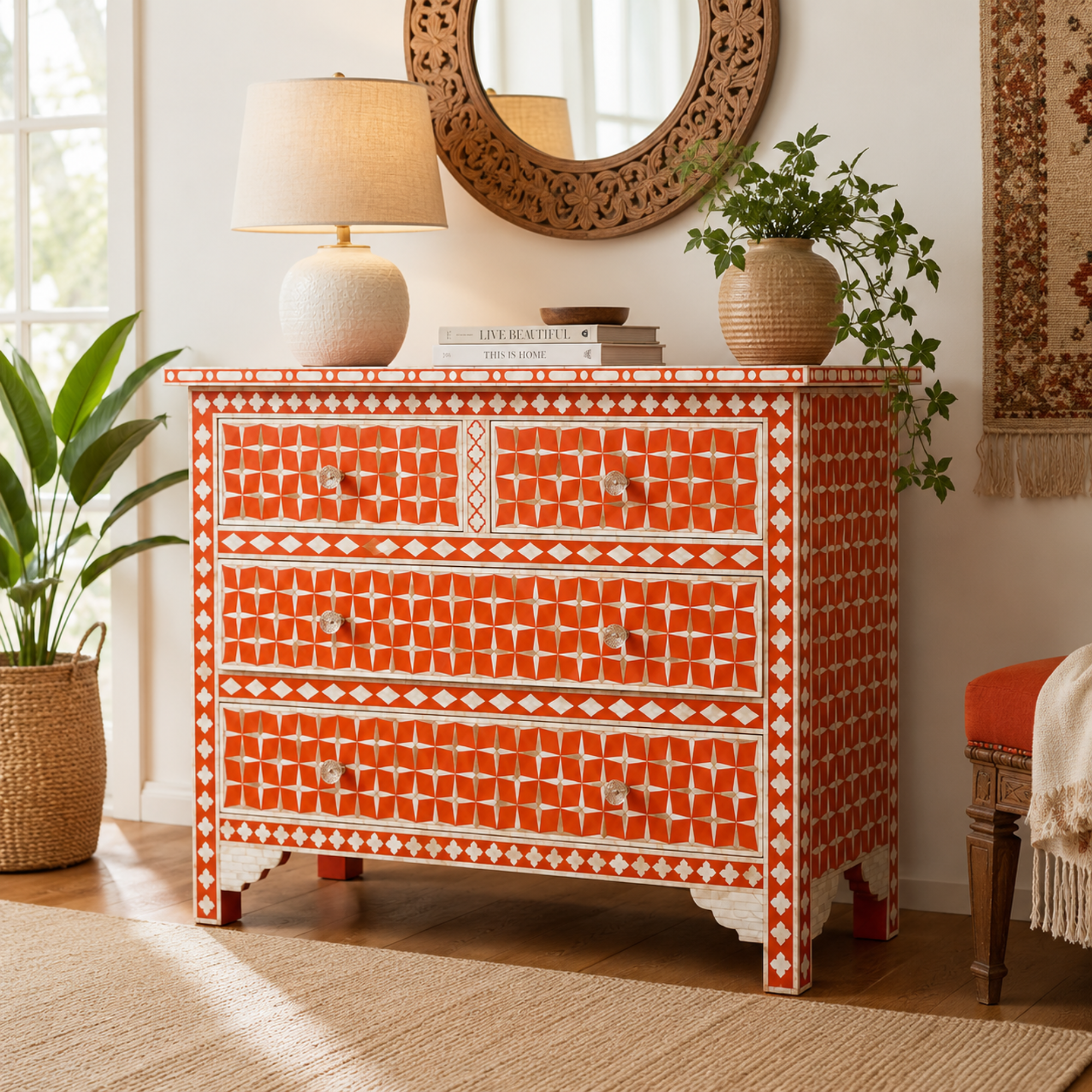 Handcrafted Orange Bone Inlay Chest of Drawers
