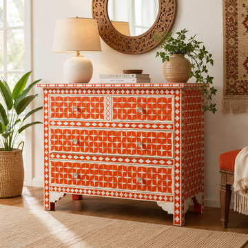 Handcrafted Orange Bone Inlay Chest of Drawers