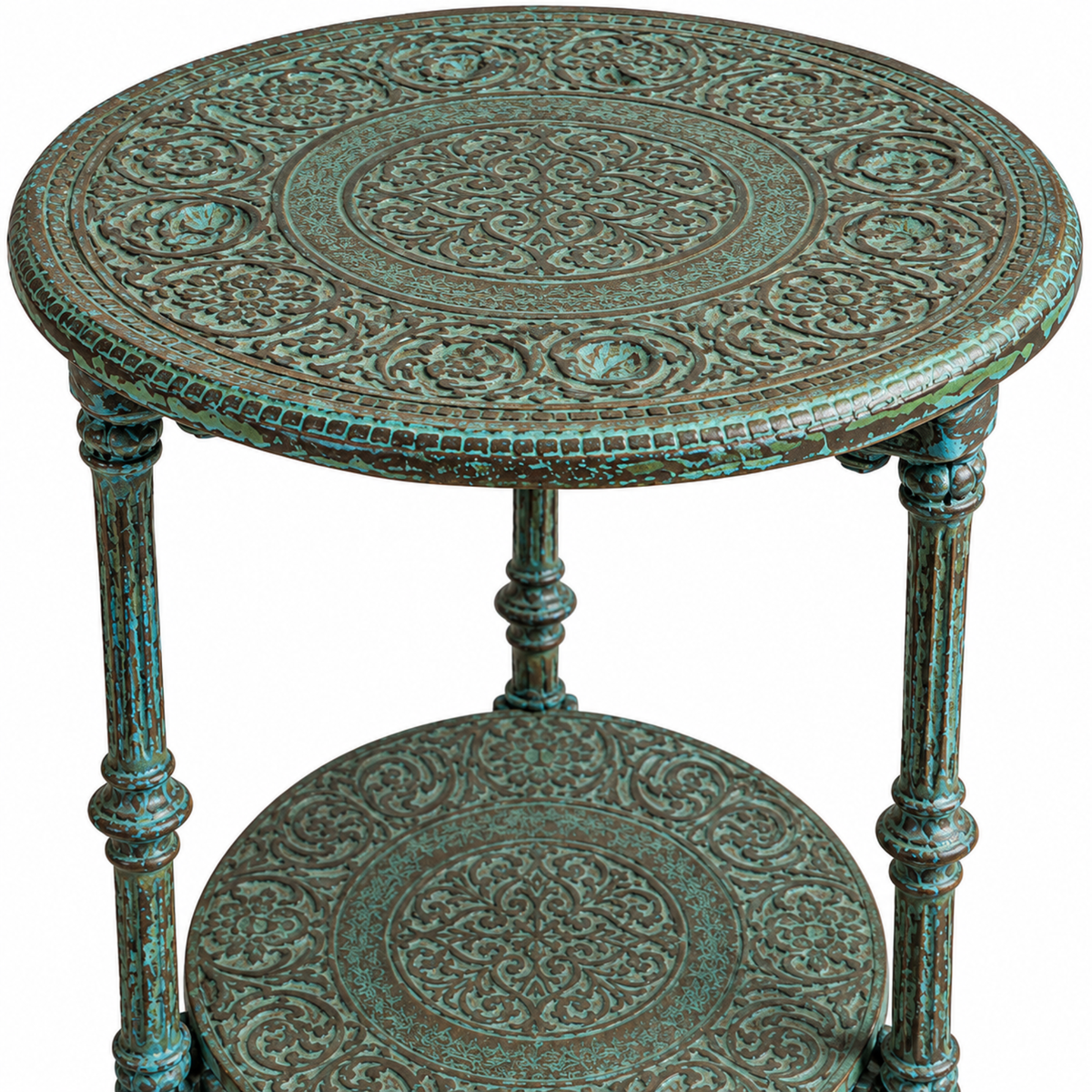 Vintage Green Metal Round Side Table with Ornate Carved Shelves